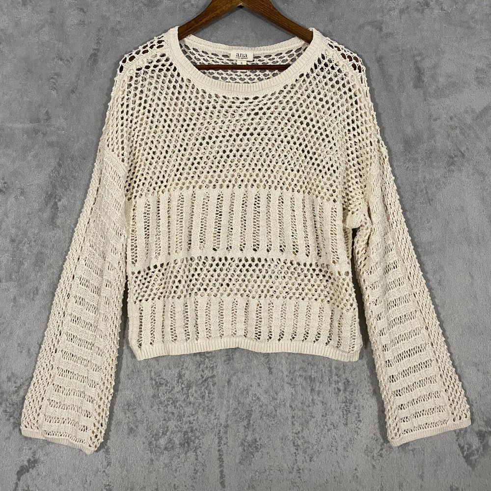 a.n.a Crochet Sweater XL Cream Open Knit Textured Bell Sleeve Layer Boho Coastal
